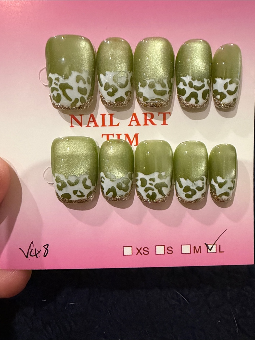Green Leopard French tip handmade acrylic Press-On Nails with Gold glitterAccent